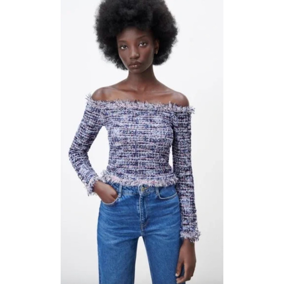NWT ZARA Tweed Frayed Off-Shoulder Blue Pink Sweater Top Small - Picture 2 of 8